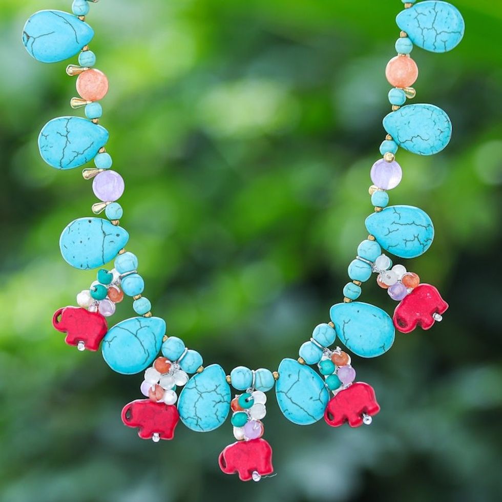 Elephant-Themed Multi-Gemstone Beaded Charm Necklace 'Joyful in Blue'