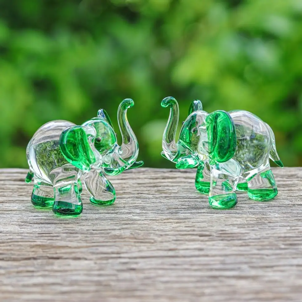 Set of 2 Elephant-Themed Handblown Glass Figurines in Green 'Hope Trunks'