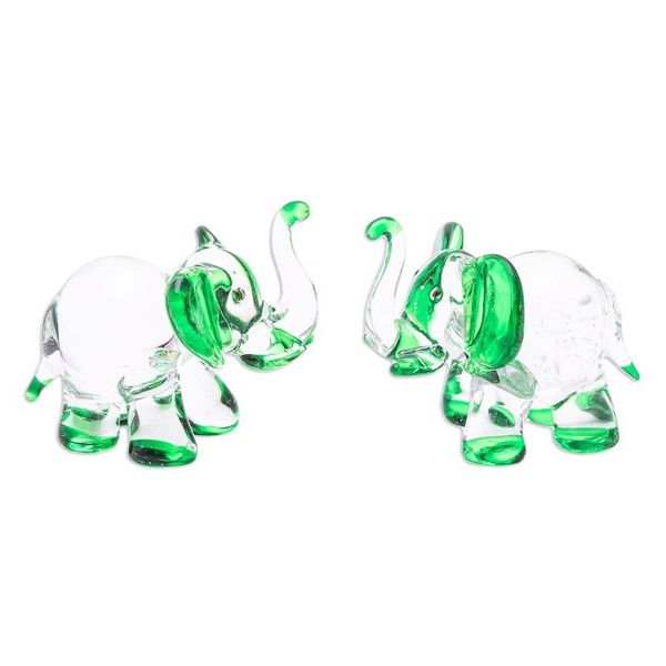 Alternate image for Set of 2 Elephant-Themed Handblown Glass Figurines in Green Hope Trunks