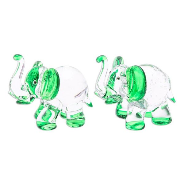Alternate image for Set of 2 Elephant-Themed Handblown Glass Figurines in Green Hope Trunks