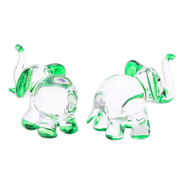 Alternate image for Set of 2 Elephant-Themed Handblown Glass Figurines in Green Hope Trunks