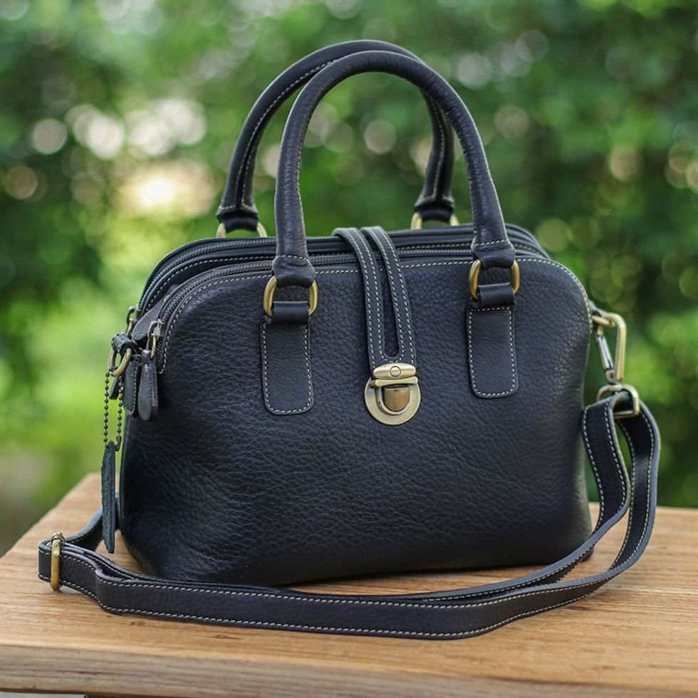 100 Black Leather Handbag with Detachable Adjustable Strap 'Empress of the Night'