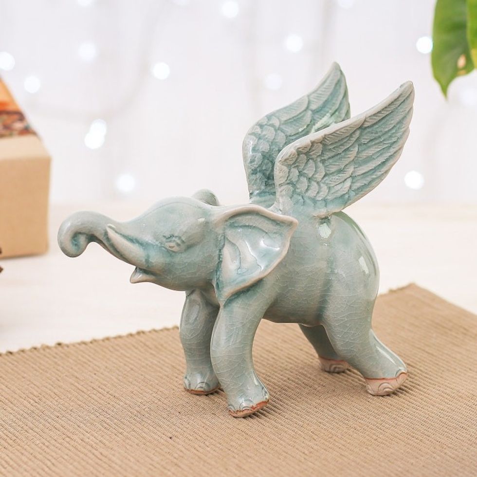 Crackled-Finished Celadon Ceramic Winged Elephant Figurine 'Winged Sage'