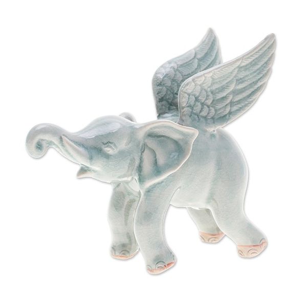 Alternate image for Crackled-Finished Celadon Ceramic Winged Elephant Figurine Winged Sage