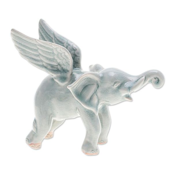 Alternate image for Crackled-Finished Celadon Ceramic Winged Elephant Figurine Winged Sage