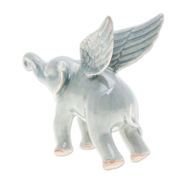 Alternate image for Crackled-Finished Celadon Ceramic Winged Elephant Figurine Winged Sage