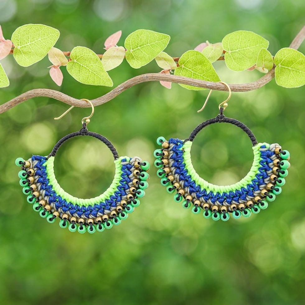 Blue Macrame Dangle Earrings with Green Magnesite Beads 'Island Nimbus'