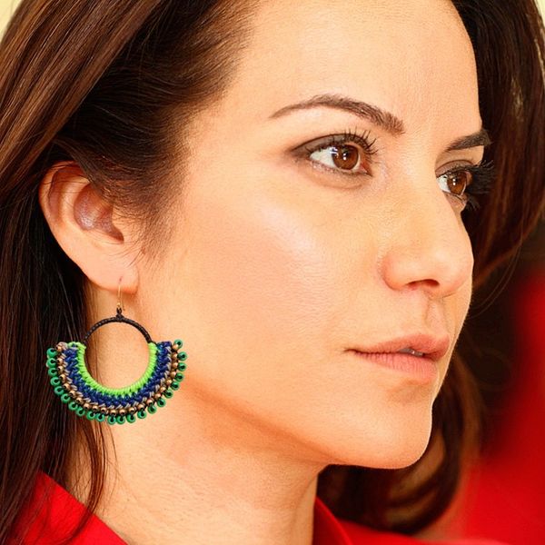 Alternate image for Blue Macrame Dangle Earrings with Green Magnesite Beads Island Nimbus