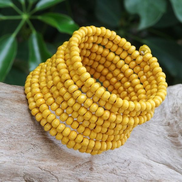 Alternate image for Wide Yellow Beaded Wood Wrap Bracelet with Bells 2.5 In Sunshine Spin
