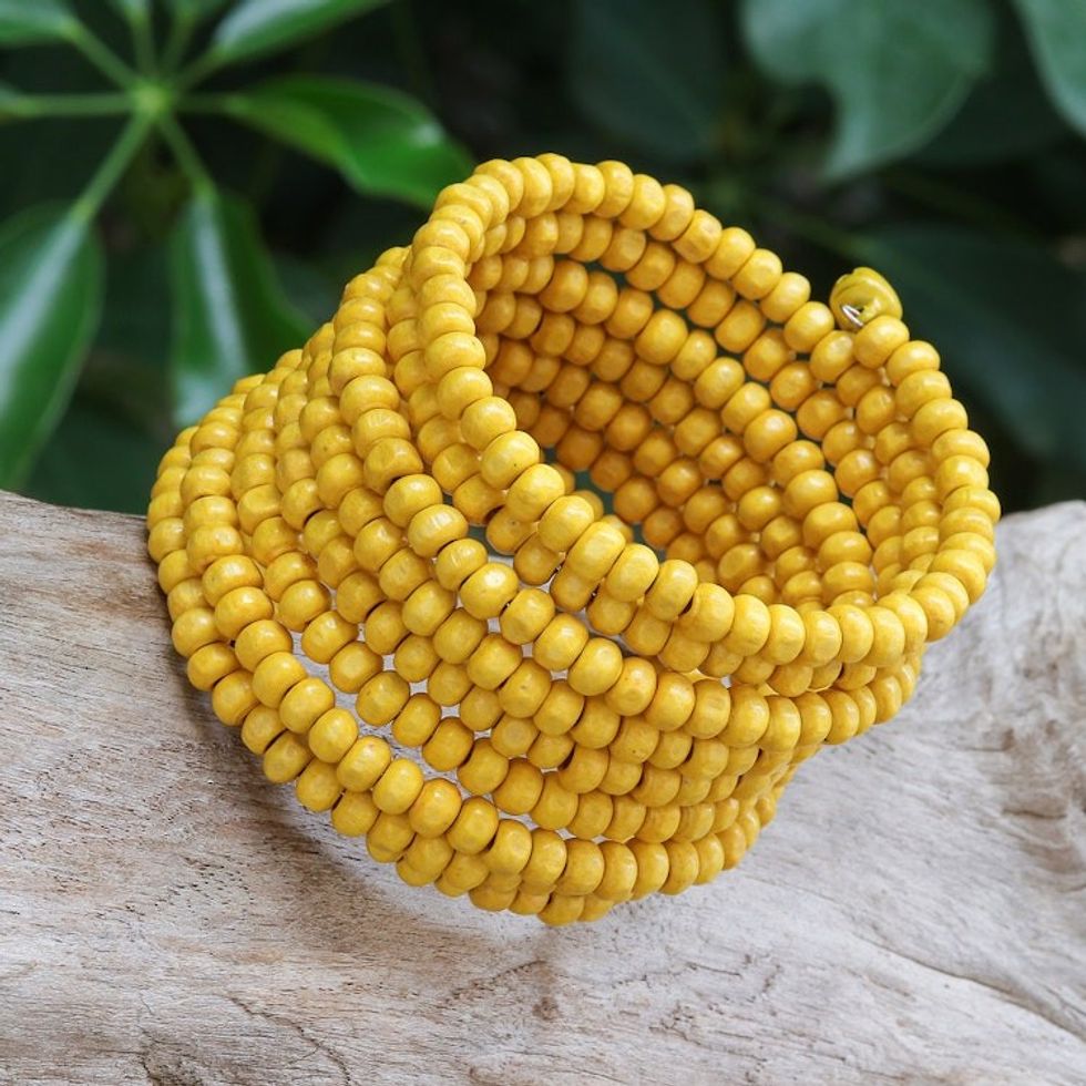 Wide Yellow Beaded Wood Wrap Bracelet with Bells 2.5 In 'Sunshine Spin'