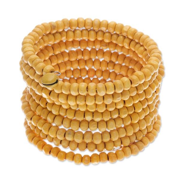Alternate image for Wide Yellow Beaded Wood Wrap Bracelet with Bells 2.5 In Sunshine Spin