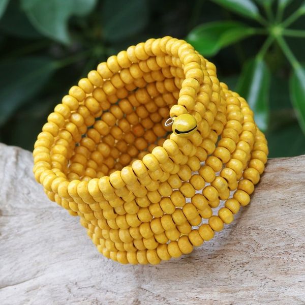 Alternate image for Wide Yellow Beaded Wood Wrap Bracelet with Bells 2.5 In Sunshine Spin