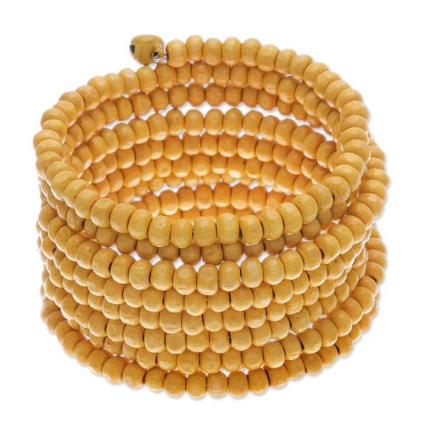 Alternate image for Wide Yellow Beaded Wood Wrap Bracelet with Bells 2.5 In Sunshine Spin