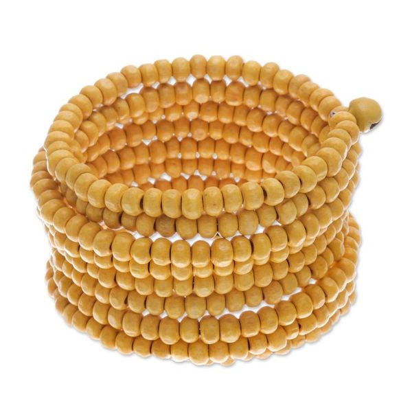 Alternate image for Wide Yellow Beaded Wood Wrap Bracelet with Bells 2.5 In Sunshine Spin