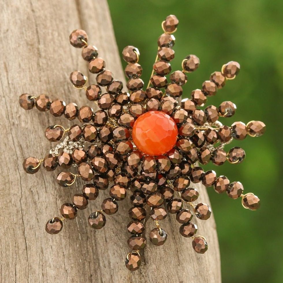 Star-Shaped Orange Chalcedony and Glass Beaded Brooch 'The Evening Starlight'