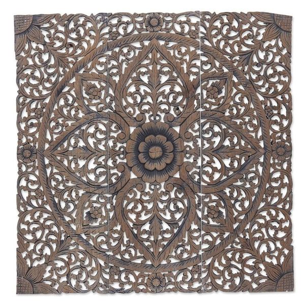 Alternate image for 3 Reclaimed Teak Wood Relief Panels Hand-carved in Thailand Flora Charm