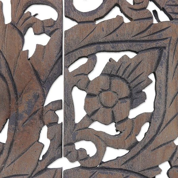 Alternate image for 3 Reclaimed Teak Wood Relief Panels Hand-carved in Thailand Flora Charm