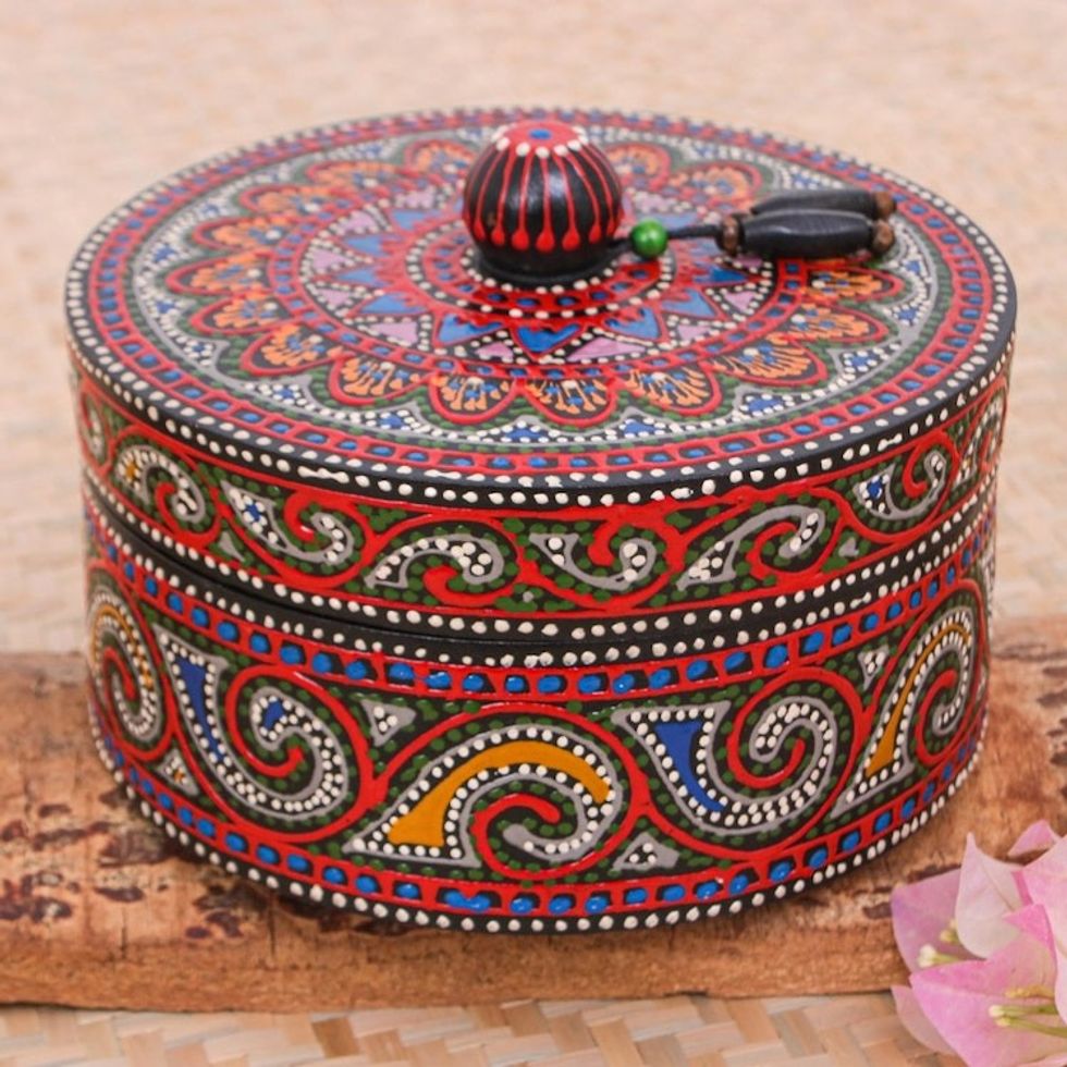 Hand-Painted Mango Wood Decorative Box with Black Beads 'Black Tides'