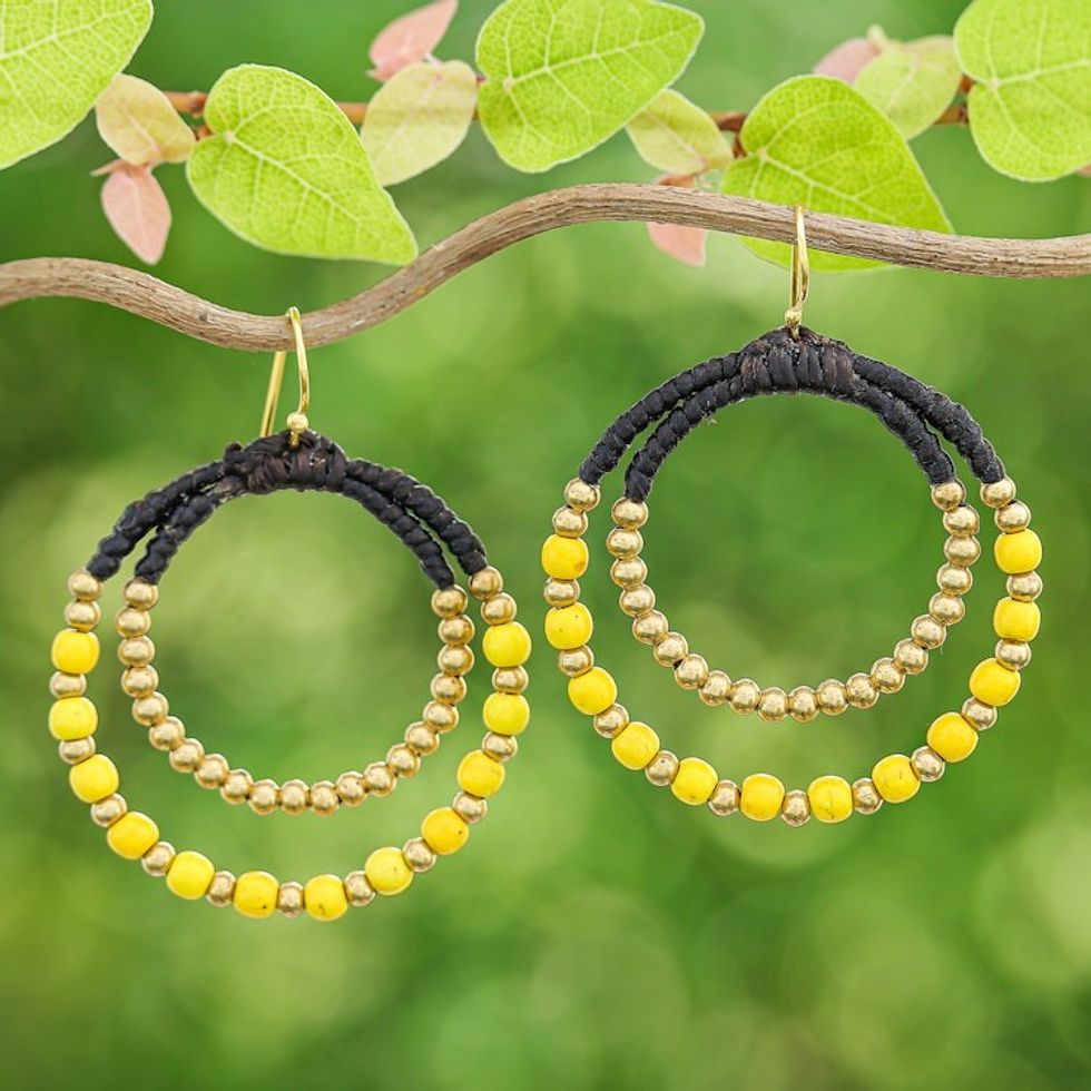 Yellow Magnesite Brass Beaded Double Hoop Dangle Earrings 'Yellow Glam'