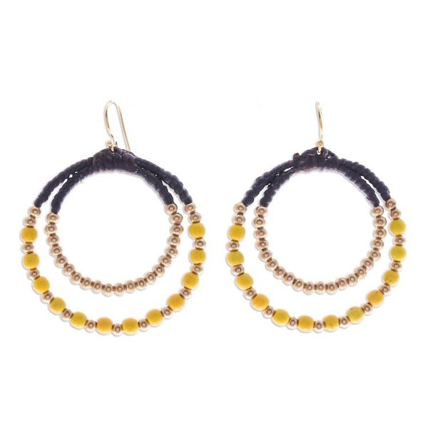 Alternate image for Yellow Magnesite Brass Beaded Double Hoop Dangle Earrings Yellow Glam