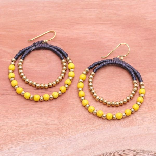 Alternate image for Yellow Magnesite Brass Beaded Double Hoop Dangle Earrings Yellow Glam