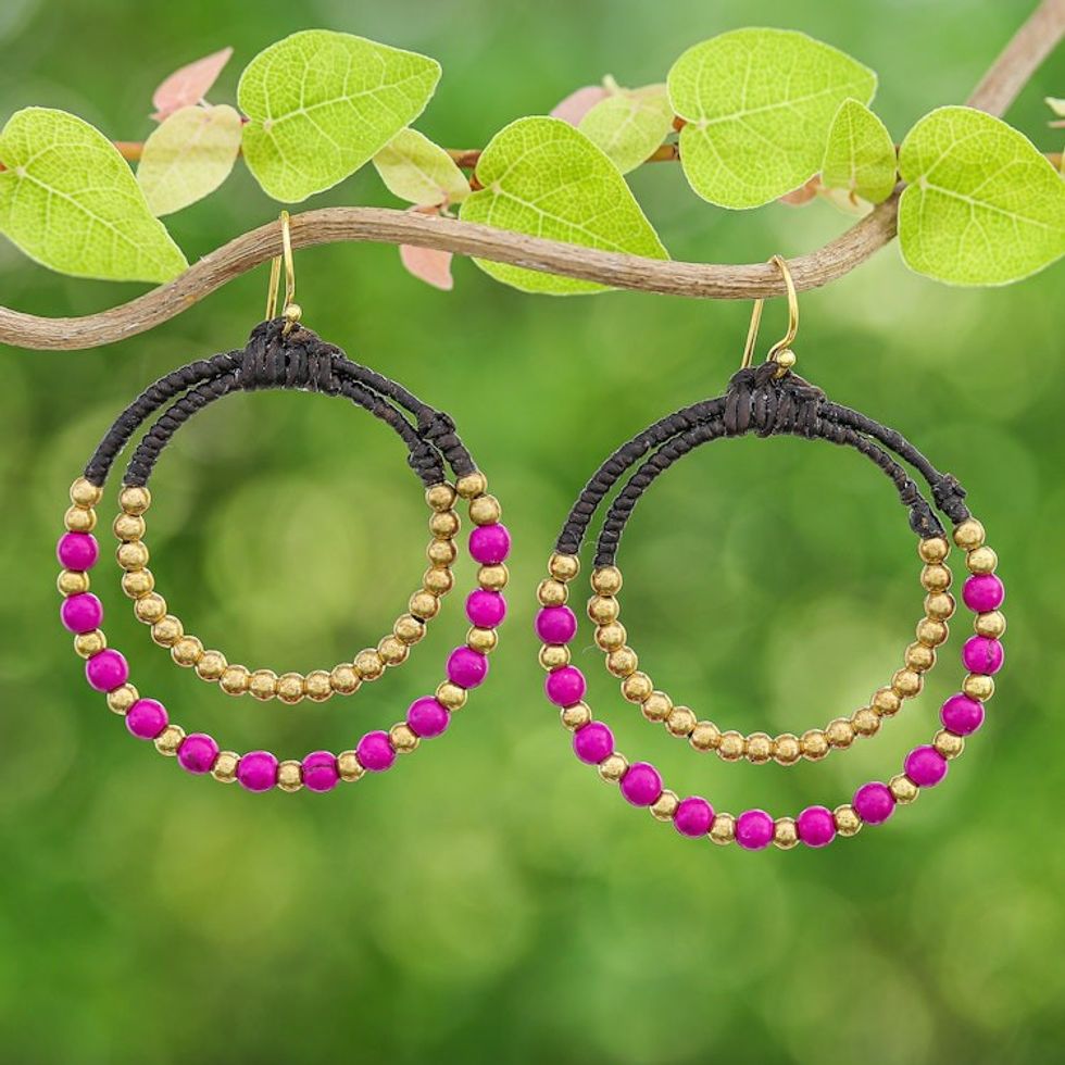 Purple Magnesite Brass Beaded Double Hoop Dangle Earrings 'Magenta Glam'
