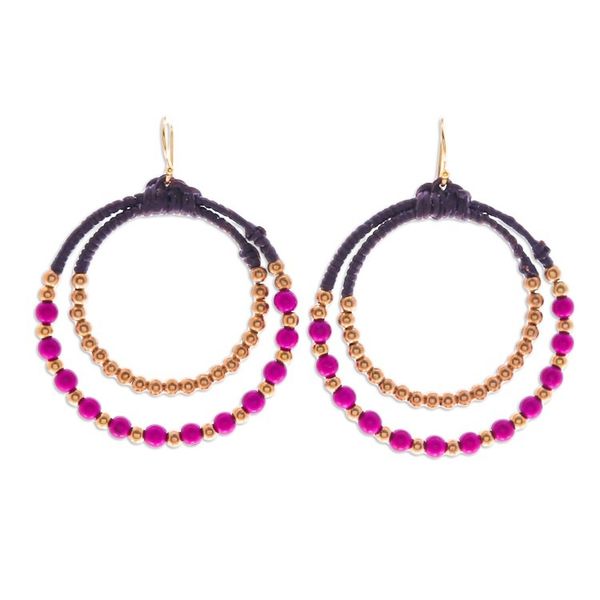 Alternate image for Purple Magnesite Brass Beaded Double Hoop Dangle Earrings Magenta Glam