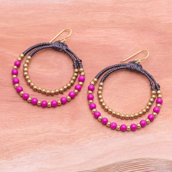 Alternate image for Purple Magnesite Brass Beaded Double Hoop Dangle Earrings Magenta Glam