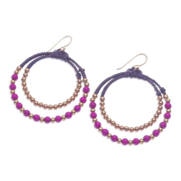 Alternate image for Purple Magnesite Brass Beaded Double Hoop Dangle Earrings Magenta Glam