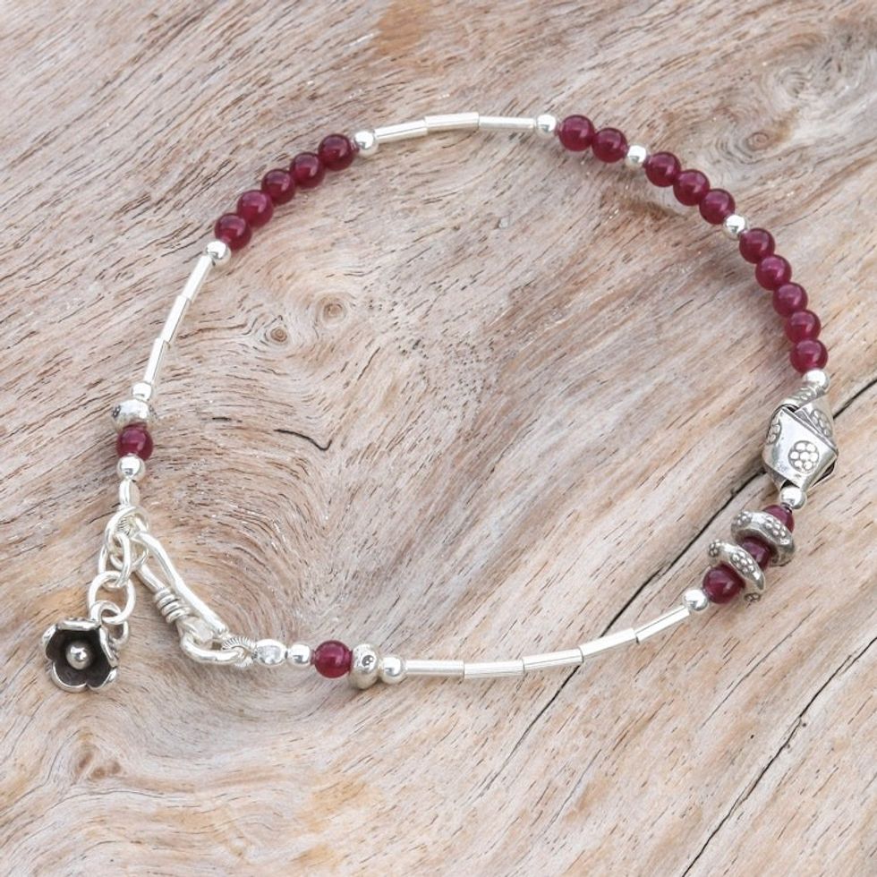 Hill Tribe Quartz and Silver Beaded Charm Pendant Bracelet 'Precious Bloom'