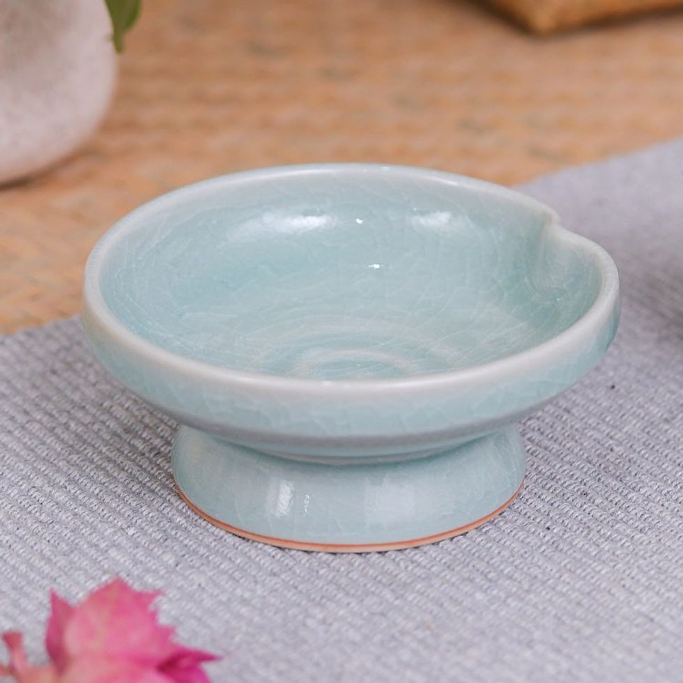 Green Celadon Ceramic Footed Plate Handmade in Thailand 'Chic and Versatile'