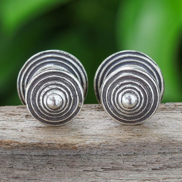 Alternate image for Polished Round Silver Button Earrings Crafted in Thailand Hypnotically Radiant
