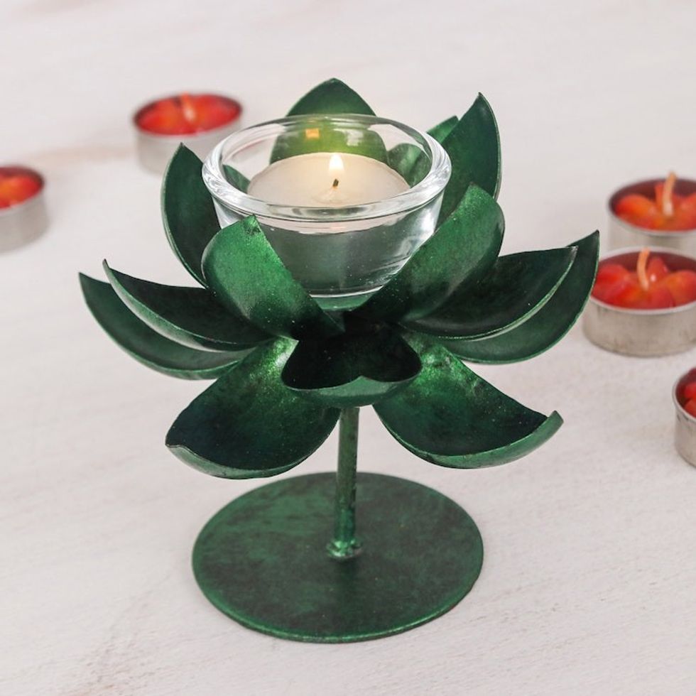 Handmade Lotus-Shaped Metallic Green Steel Tealight Holder 'Lotus Benison in Green'