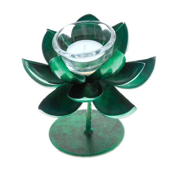 Alternate image for Handmade Lotus-Shaped Metallic Green Steel Tealight Holder Lotus Benison in Green