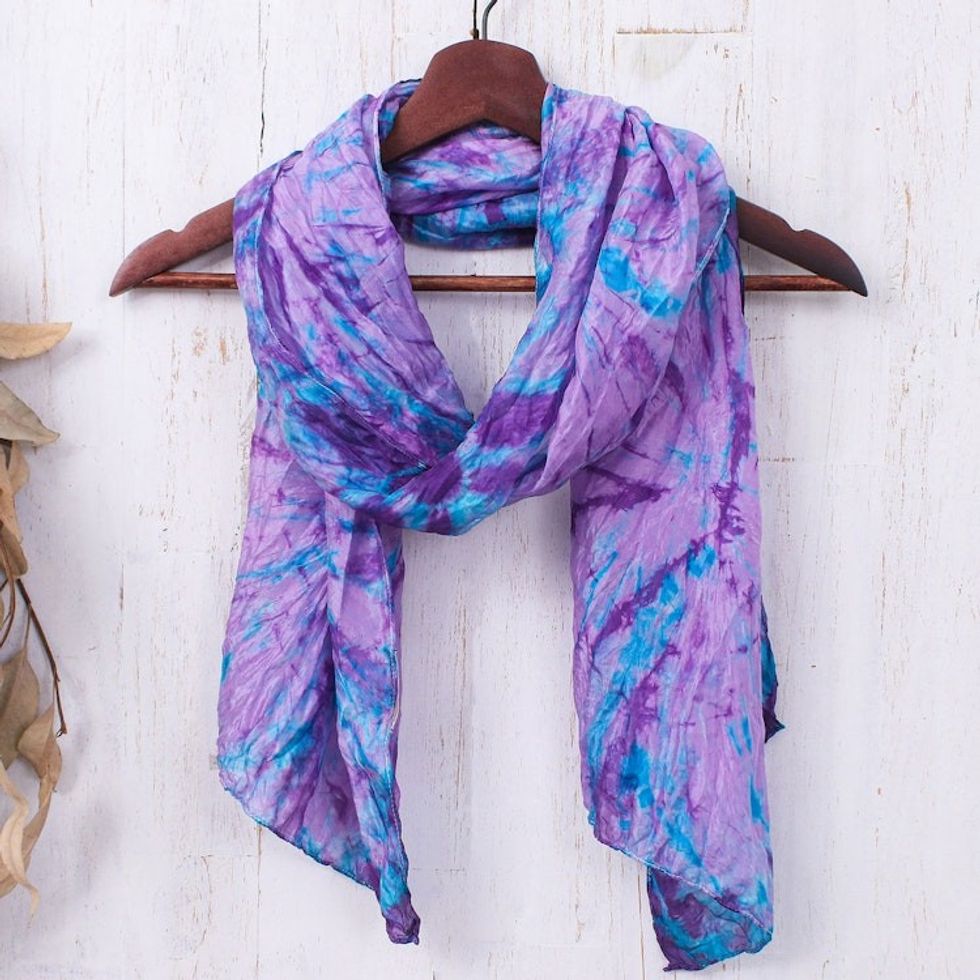 Tie-Dyed Iris and Teal Silk Scarf Handcrafted in Thailand 'Iris Emotions'