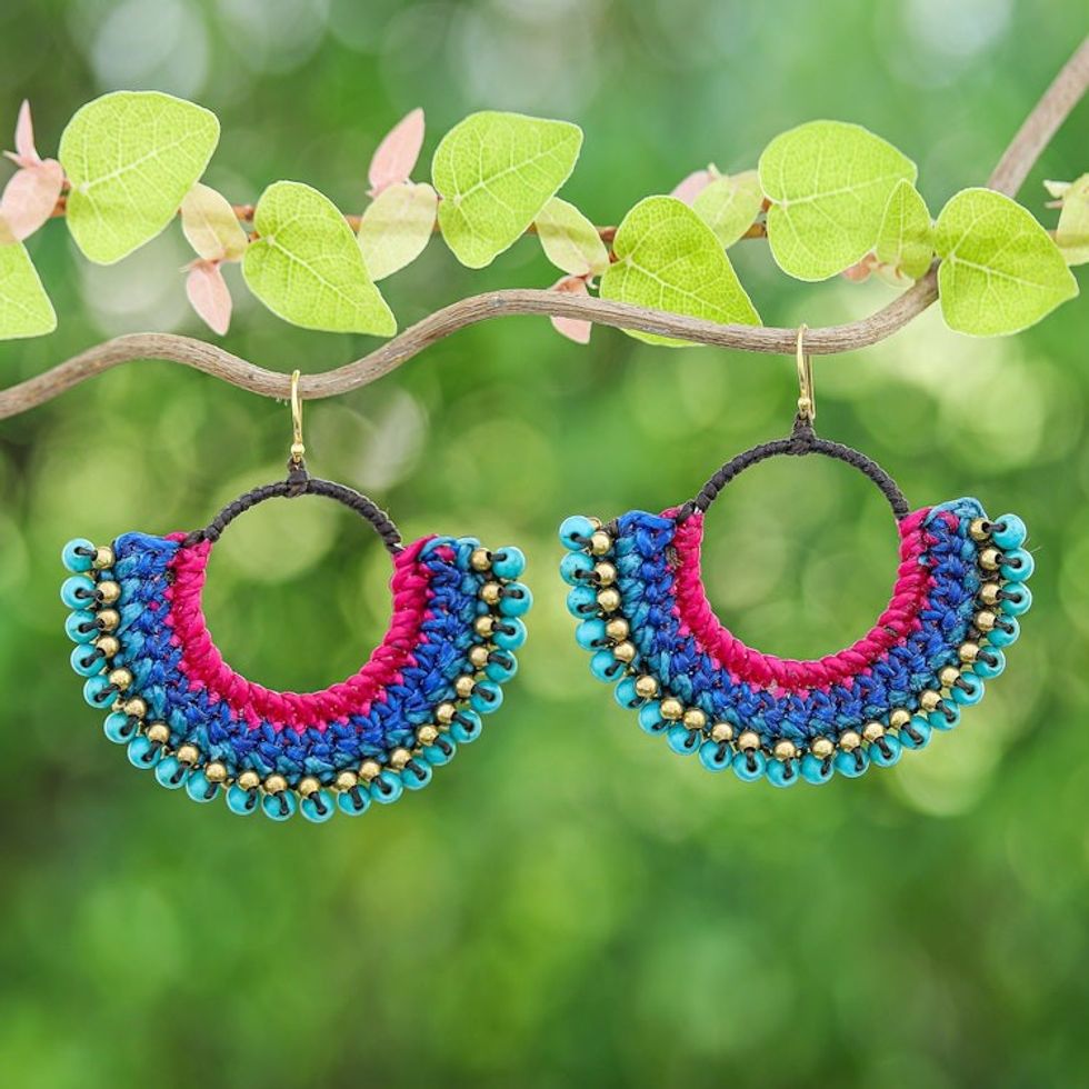 Blue Macrame Dangle Earrings with Turquoise Magnesite Beads 'Oceanic Nimbus'
