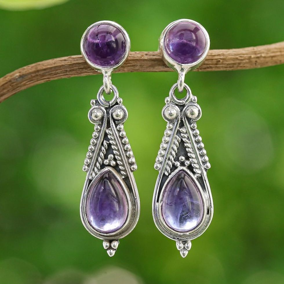 Classic Polished Amethyst Dangle Earrings from Thailand 'Morning Violet'