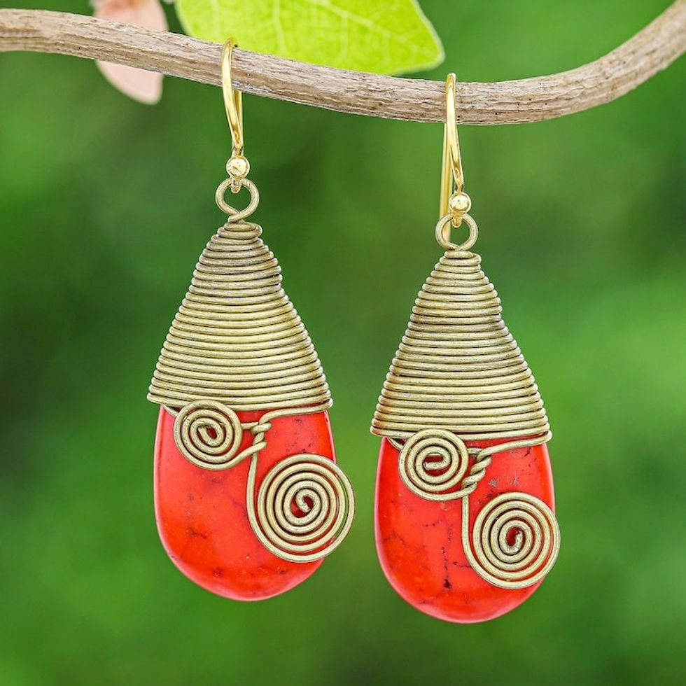 Polished Brass Dangle Earrings with Orange Magnesite Jewels 'Joyous Swirls'