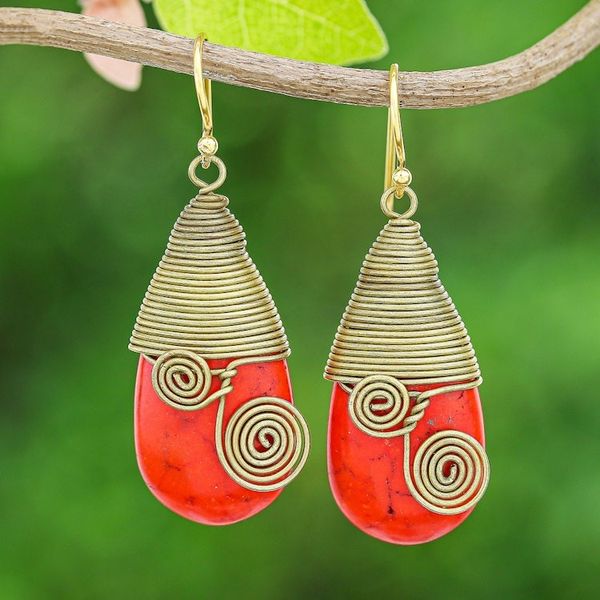 Alternate image for Polished Brass Dangle Earrings with Orange Magnesite Jewels Joyous Swirls