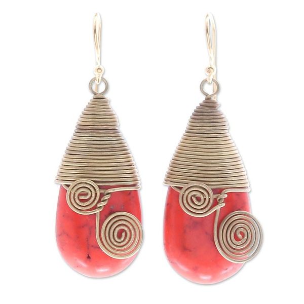 Alternate image for Polished Brass Dangle Earrings with Orange Magnesite Jewels Joyous Swirls