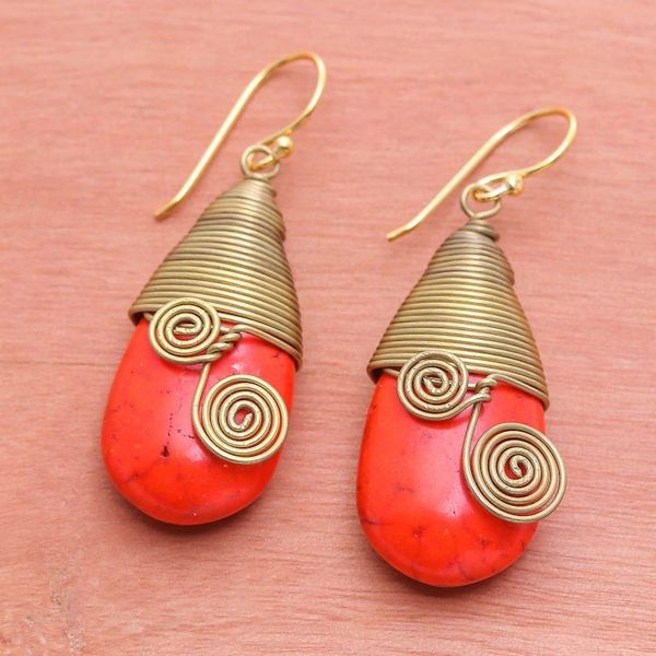 Alternate image for Polished Brass Dangle Earrings with Orange Magnesite Jewels Joyous Swirls