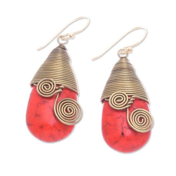 Alternate image for Polished Brass Dangle Earrings with Orange Magnesite Jewels Joyous Swirls