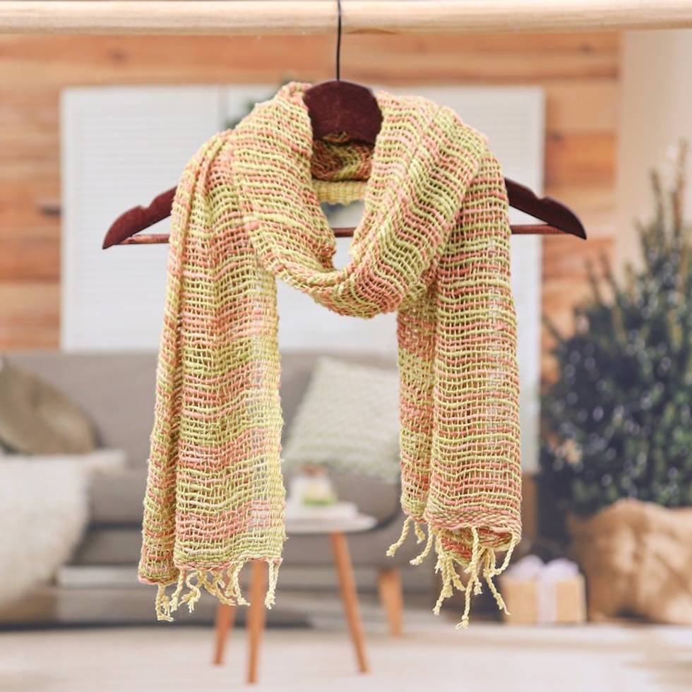 Handmade 100 Cotton Loose Weave Scarf in Green and Orange 'Evening Breeze'
