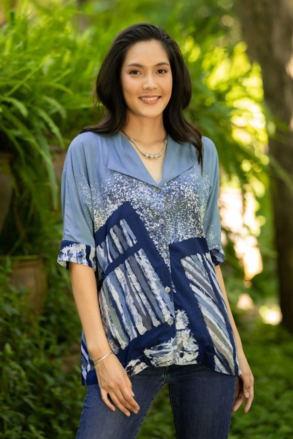 Hand Made Batik Cotton Buttoned Blouse 'Artist on Holiday'