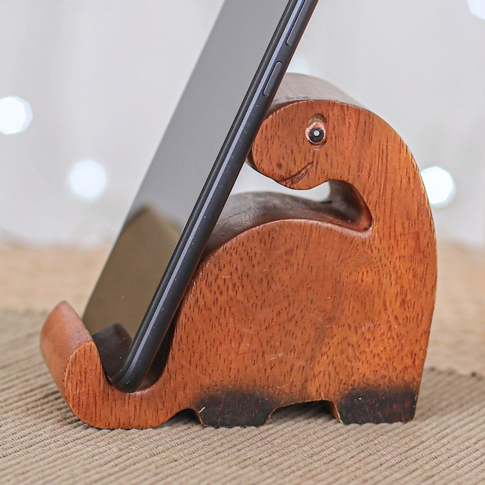 Hand-Carved Brown and Black Dino Raintree Wood Phone Holder 'Dino Assistant'
