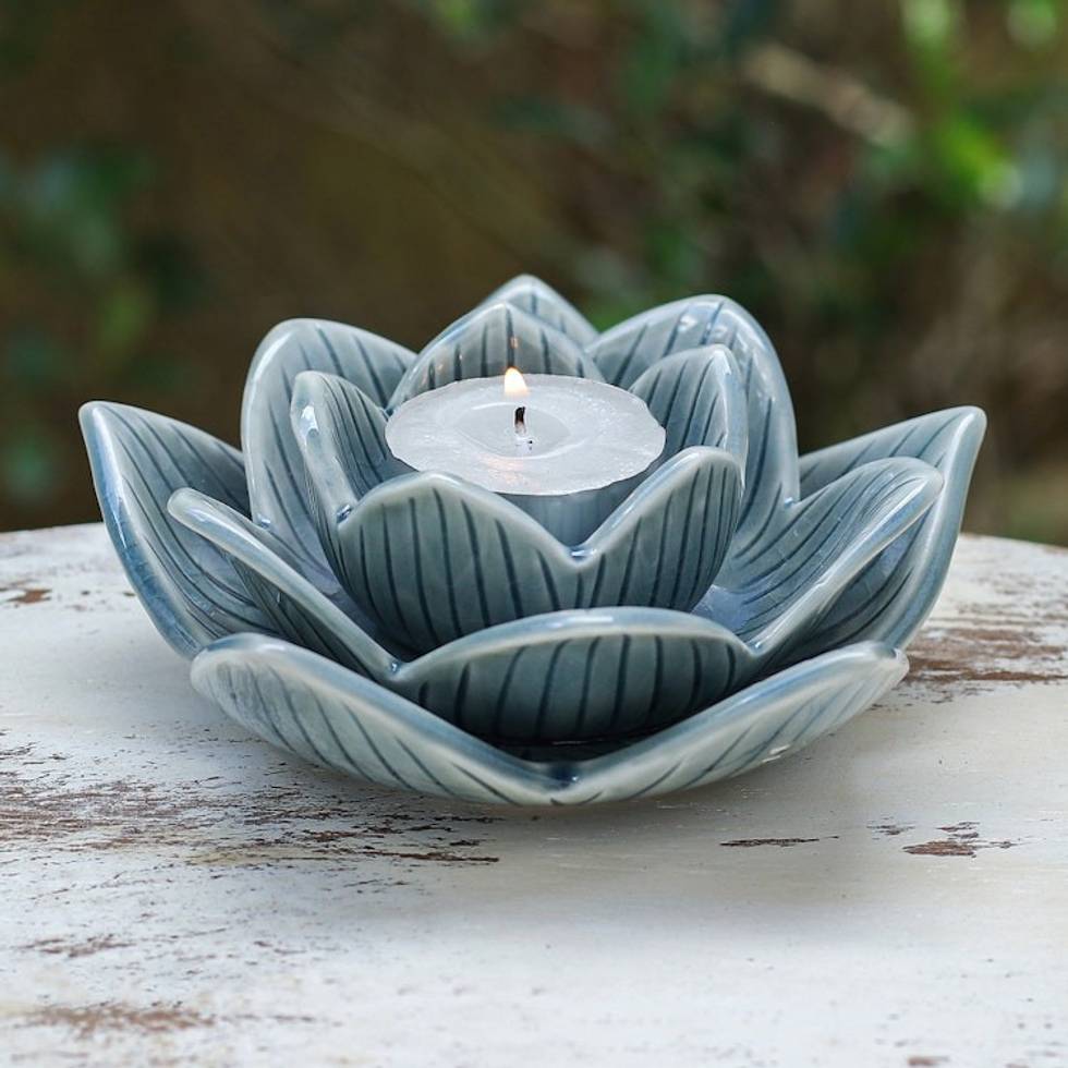 Lotus-Shaped Celadon Ceramic Tealight Candleholder in Blue 'Blooming Lotus in Blue'