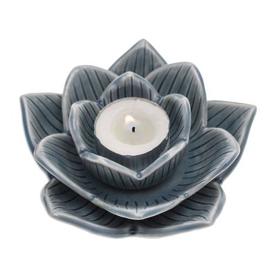 Alternate image for Lotus-Shaped Celadon Ceramic Tealight Candleholder in Blue Blooming Lotus in Blue