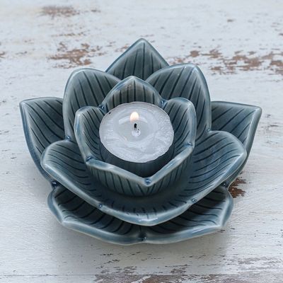 Alternate image for Lotus-Shaped Celadon Ceramic Tealight Candleholder in Blue Blooming Lotus in Blue