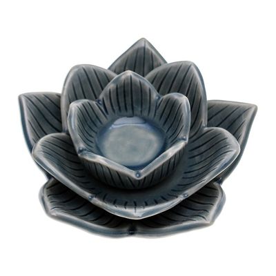 Alternate image for Lotus-Shaped Celadon Ceramic Tealight Candleholder in Blue Blooming Lotus in Blue