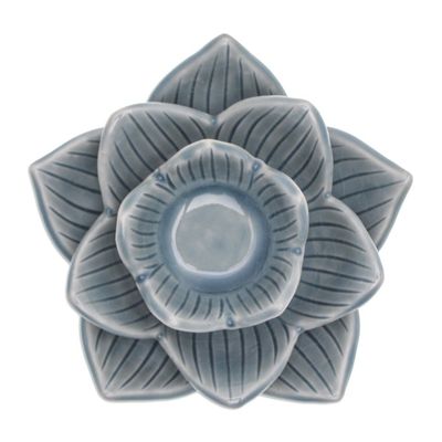 Alternate image for Lotus-Shaped Celadon Ceramic Tealight Candleholder in Blue Blooming Lotus in Blue